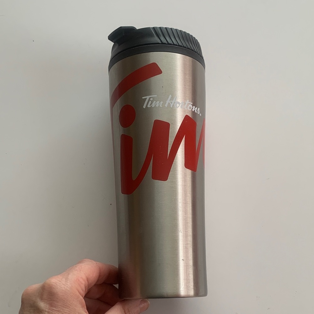 Tim Hortons Silver and Black Travel Mug